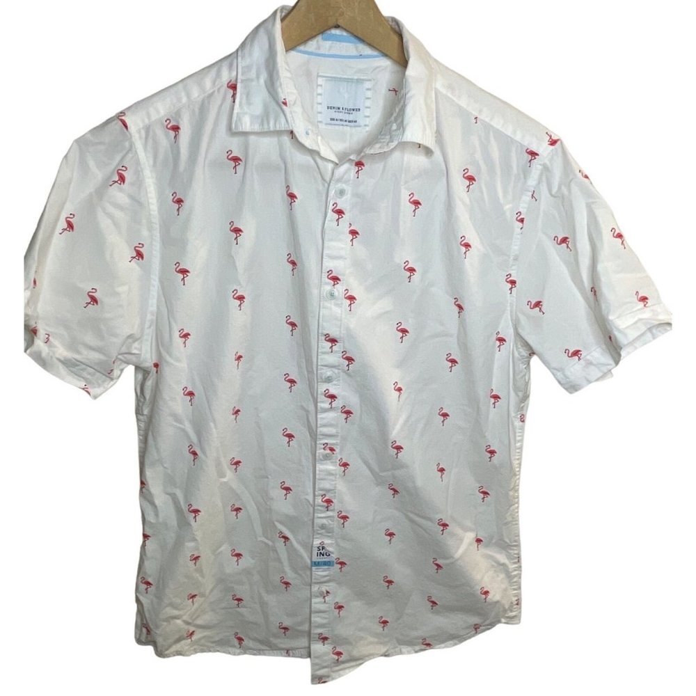 Denim & Flowers NWT White Flamingo Embroidered Short Sleeved Button Down Shirt